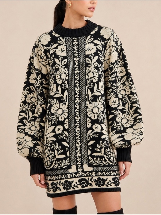 FARM Rio Dresses & Skirts - FARM Rio Pineapple Garden Mini Knit Dress. Black & Cream. Balloon sleeves. S